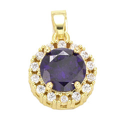 Indigo Brass Micro Pave Cubic Zirconia Pendants, Long-Lasting Plated, Real 18K Gold Plated, Flat Round, Indigo, 14x12x6mm, Hole: 5x2.5mm