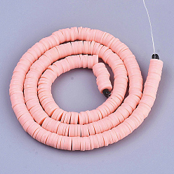 Pink Бусины из полимерной глины , Диск / плоские круглые, Heishi бусы, розовые, 6x1 мм, отверстие : 2 мм, около 380~400 шт / нитка, 17.7 дюйм