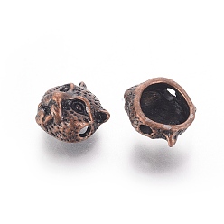 Red Copper Tibetan Style Alloy Beads, Leopard Head, Red Copper, 11x10x6.5mm, Hole: 1.8mm