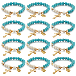 Синтетическая Бирюза Синтетический бирюзовый круглый эластичный браслет из бисера, Браслет для йоги с подвесками в виде креста и Девы Марии для женщин, внутренний диаметр: 2-1/8 дюйм (5.5 см)