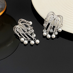 Серебро Серьги-гвоздики из латуни с эффектом фейерверка и искусственным жемчугом, серебряные, 38x25 мм