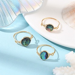 Light Gold 3Pcs Natural Paua Shell with Copper Wire Finger Rings for Women, Round, Light Gold, 19mm