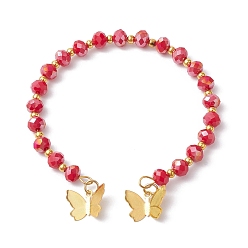 Red Glass Round Beaded Cuff Bangles, with Golden Brass Butterfly Charms, Red, Inner Diameter: 2-1/8 inch(5.5cm)