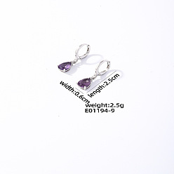 Фиолетовый Латунь кубического циркония болтаться серьги, слеза, платина, фиолетовые, 22~25x5~6 мм