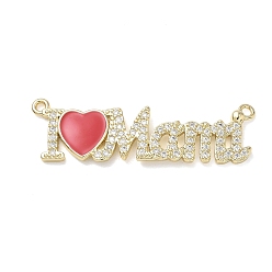 Golden Valentine's Day Brass Micro Pave Clear Cubic Zirconia and Enamel Pendants, Red Heart with Letter Charms, Golden, 12x42.5x2mm, Hole: 1.5~1.6mm