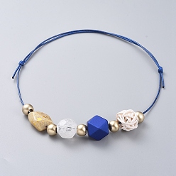 Blue Adjustable Bib Necklaces, with Acrylic Beads, Handmade Cane Woven Beads and Waxed Polyester Cord, Blue, 15.7 inch~26.7 inch(40~68cm)