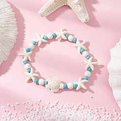 Белый Синтетические бирюзовые бусины в виде морских звезд и черепах, эластичные браслеты для женщин, белые, внутренний диаметр: 2-1/8 дюйм (5.4 см)