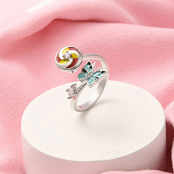 Платина Эмалевые вращающиеся манжеты-кольца с изображением бабочек и ветряных мельниц для женщин, латунные кольца-вертушки с кубическим цирконием для успокоения беспокойства, медитации, платина, 17 мм, внутренний диаметр: 18 мм