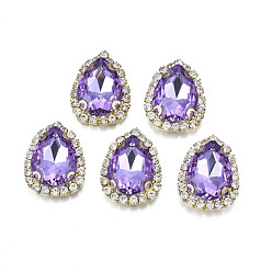 Medium Purple Sew on Rhinestone, Transparent Glass Rhinestone, with Brass Prong Settings, Faceted, Teardrop, Medium Purple, 23x17.5x6.5mm, Hole: 0.9mm