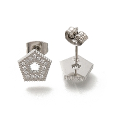 Pentagon 304 Серьги-гвоздики из нержавеющей стали с прозрачным фианитом и микропаве, цвет нержавеющей стали, пятиугольник, 9x9.5 мм