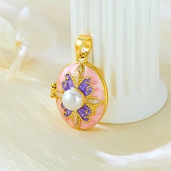 Бледно-Розовый Латунь эмаль Locket подвески, с пластиковыми бусинами, имитирующими жемчуг, овальные с цветком, золотые, розовый жемчуг, 22.5x17x10.5 мм, отверстие : 4x2.5 мм, внутренний диаметр: 16.5x12 мм