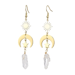 Золотой Серьги с подвесками из грубых натуральных кристаллов кварца, Женские серьги-подвески Sun & Moon из нержавеющей стали и латуни, золотые, 82~83x19.5 мм
