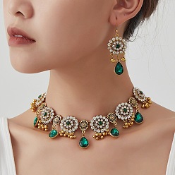 Изумруд Комплекты из ожерелий и серег-подвесок из сплава со стразами, цветок с каплей, золотые, изумруд, Ожерелье: 460 mm