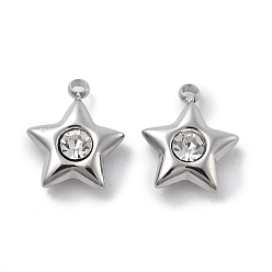 Нержавеющая Сталь Цвет 304 подвески из нержавеющей стали, со стразами, звезда, цвет нержавеющей стали, 10x8.5x3 мм, отверстие : 1.2 мм