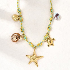 Морская звезда Летний пляж 304 Женские подвески из нержавеющей стали и натуральных ракушек с гальваническим покрытием, регулируемые шнуры из полиэстера, с керамикой, искусственным жемчугом и стеклом, реальный 18 k позолоченный, морская звезда, 23.23 дюйм (59 см)