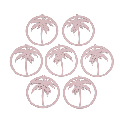 Pink 430 Stainless Steel Filigree Pendants, Spray Painted, Etched Metal Embellishments, Ring with Coconut Tree, Pink, 37x35x0.5mm, Hole: 1.4mm