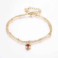 Rose 304 Stainless Steel Cable Chain Bracelets, Multi-strand Bracelets, with Rhinestone, Lobster Claw Clasps, Heart, Golden, Rose, 7-1/8 inch(180mm), 1.5~2mm