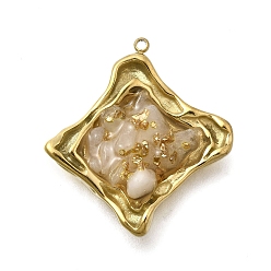 Розовый Кварц 304 нержавеющей стальной эмали подвески, с натуральными кусочками розового кварца внутри и золотой фольгой, ромбовидный шарм, золотые, ионное покрытие (ip), 31.5x29x8 мм, отверстие : 1.5 мм