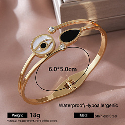 Evil Eye 304 Stainless Steel Black Enamel Hinged Cuff Bangles with Crystal Rhinestone and Natural White Shell for Women, Golden, Evil Eye, Inner Diameter: 2.36 inch(6cm)