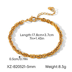 Real 18K Gold Plated 5MM 304 Stainless Steel Rope Chain Bracelets for Women, Real 18K Gold Plated, 7.01 inch(17.8cm)