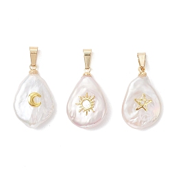 Золотой 3шт 3 стили барокко подвески из натурального жемчуга кеши, слезинки, с латунными пластинами луны, солнца и звезды, цветочный белый, золотые, 21.5~23x14~14.5x6~6.5 мм, отверстие : 6x2.5 мм, 1 шт / стиль