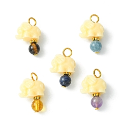 Golden Opaque Resin and Natural Mixed Stone Pendants, with Iron and Alloy Findings, Elephant Charm with Round, Golden, 23x17x8mm, Hole: 3mm