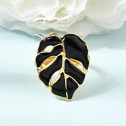 Leaf 304 Stainless Steel Enamel Cuff Open Rings, Golden, Leaf, 18mm, leaf: 24x19mm