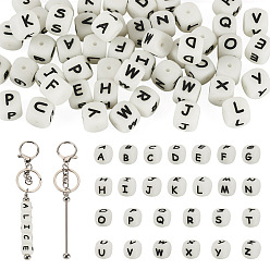 Stainless Steel Color DIY Stainless Steel Beadable Keychain Making Kits, include 52Pcs Luminous Cube with Letter Food Grade Eco-Friendly Silicone Beads, Stainless Steel Color, 148mm