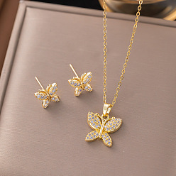 Бабочка Комплекты из серег-гвоздиков и ожерелий с подвесками из латуни с микропаве из прозрачных кубических цирконий, золотые, бабочка, 450 мм, Кулон : 15x14 мм, Серьги: 11x10 mm