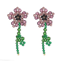 Purple Imitation Austrian Crystal Flower of Life Dangle Stud Earrings, Glass Beads Drop Earrings, Purple, 75x30mm, Pin: 0.6mm