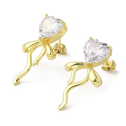 Настоящее золото 18K Латунь серьги, с прозрачным фианитом для женщин, сердце с бантом, реальный 18 k позолоченный, 30x16 мм