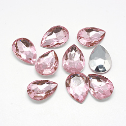 Pink Acrylic Rhinestone Pointed Back Cabochons, Faceted, Bottom Silver Plated, teardrop, Pink, 18x13x4.5~4.8mm