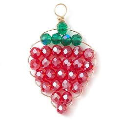 Красный Стеклянные подвески, с золотой медной проволокой, клубника, красные, 38x23.5x4.5 мм, отверстие: 4 мм