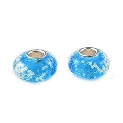 Deep Sky Blue Lampwork & Brass Core European Beads, Large Hole Beads, Rondelle, Deep Sky Blue, 15x7.5mm, Hole: 4mm