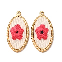 Cerise 304 Stainless Steel & Cloth Embroidered Pendants, Oval with Flower Charms, Ion Plating(IP), Long-Lasting Plated, Real 18K Gold Plated, Cerise, 32.5x17x3mm, Hole: 1.5mm