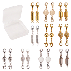 Mixed Color Brass/Alloy/Alloy Rhinestone Magnetic Clasps, with Lobster Claw Clasps, Bead Container, Column/Round/Fat Round, Mixed Color, 7.4x7.2x1.7cm, 20pcs/box