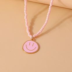 Pink Женские ожерелья из стеклянных бусин с подвеской в виде улыбающегося лица из сплава эмали, платина и золотой, розовые, 16.14 дюйм (41 см)