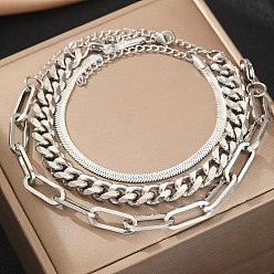 Нержавеющая Сталь Цвет 3шт. 3 стили 304 набор браслетов из нержавеющей стали, браслеты со скрепками, змеями и кубинскими цепочками для женщин и мужчин, цвет нержавеющей стали, 6-7/8~7-1/2 дюйм (17.5~19 см), 3 шт / комплект