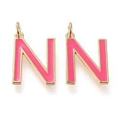 Letter N Латунь эмаль подвески, с целью перехода в кольце, долговечный, реальный 18 k позолоченный, letter.n, ярко-розовый, letter.n, н: 18x13x1.8 мм, прыжковые кольца: внутренний диаметр: 3 мм