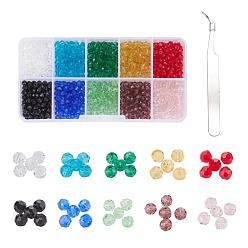 Mixed Color DIY Jewelry Bracelets Making Kits, Including 1000Pcs 10 Color Faceted Glass Beads, 410 Stainless Steel Pointed Tweezers, Mixed Color, 4mm, Hole: 1mm, 100pcs/color