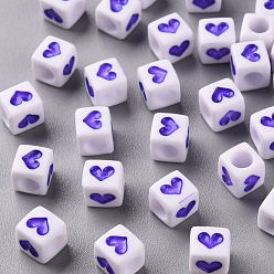 Синий Белые непрозрачные акриловые бусины, Куб с сердцем, синие, 6.5x6x6 мм, отверстие : 3 мм