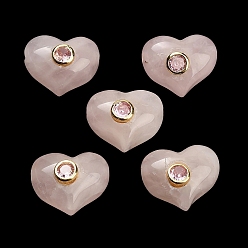 Quartz Rose Naturel a augmenté perles de quartz, cœur, avec des pierres précieuses en laiton pavées de zircone cubique, or, 14x17~17.5x11.5~12mm, Trou: 1.6mm