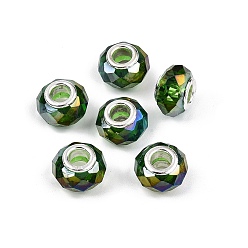 Зеленый Прозрачное стекло европейские шарики, бусины с большим отверстием, с медными сердечниками, с покрытием AB цвета, граненые, рондель, зелёные, 13.5~14x9~9.5 мм, отверстие : 5 мм