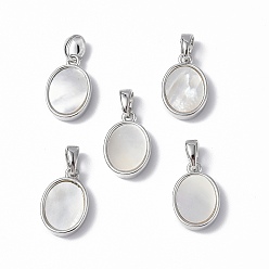 Oval Platinum Tone Brass Charms, with Freshwater Shell, Nickel Free, Oval, 14x9.5x3mm, Hole: 4.5x2.5mm
