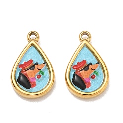 Teardrop Печатные 304 подвески из нержавеющей стали с эмалью, подвески с рисунком собаки, ионное покрытие (ip), реальный 18 k позолоченный, слезинки, 20x12x3 мм, отверстие : 1.8 мм