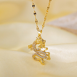 Дракон Ожерелья с подвеской из латуни с микропаве и прозрачным кубическим цирконием для женщин, золотые, дракон, 15.75 дюйм (40 см), Кулон : 30x18 мм