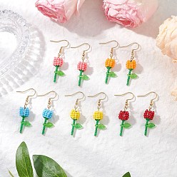 (52) Непрозрачная лаванда Круглые стеклянные бусины класса А, серьги-подвески в виде цветка, с прозрачными акриловыми подвесками и 304 булавками с плоской головкой из нержавеющей стали и 304 крючками для сережек из нержавеющей стали, золотые, разноцветные, 46.5x13 мм