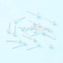 Silver 925 Sterling Silver Stud Earring Findings, for Half Drilled Beads, Flower, Silver, 3.5x3.5mm, Pin: 0.7mm