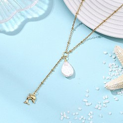 Dolphin Летнее ожерелье из натурального барочного жемчуга кеши и подвески в виде морского животного из нержавеющей стали, цепочка-слайд и колье-лариата., белые, золотые, дельфин, 304 дюйм (17.91 см)