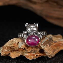 Gemstone 925 стерлинговое серебро с синтетическим корундом старинное серебро, форма кошки, внутренний диаметр: 20 мм